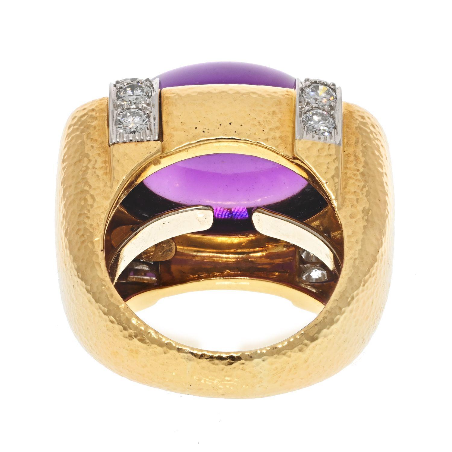Modern David Webb 18k Yelow Gold Cabochon Amethyst and Diamond Ring For Sale