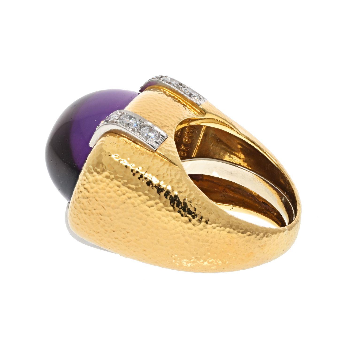 Round Cut David Webb 18k Yelow Gold Cabochon Amethyst and Diamond Ring For Sale