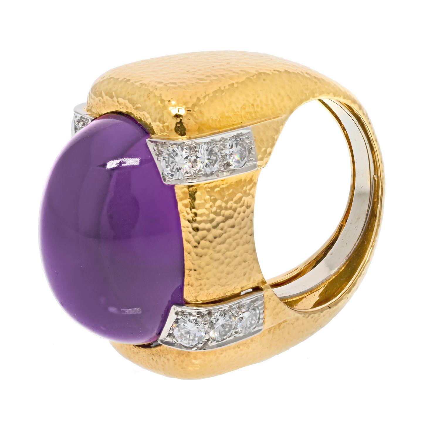 Women's David Webb 18k Yelow Gold Cabochon Amethyst and Diamond Ring For Sale