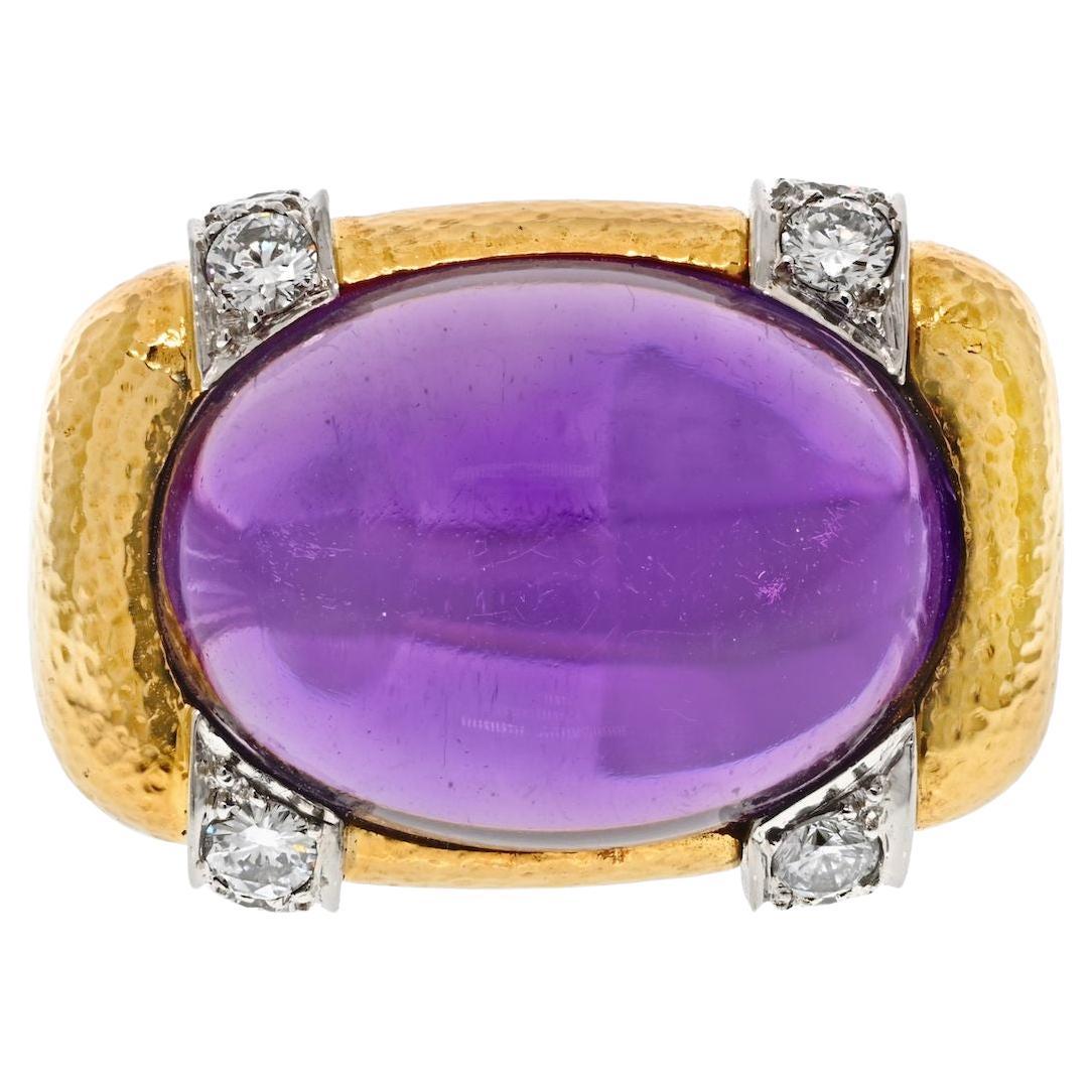 David Webb 18k Yelow Gold Cabochon Amethyst and Diamond Ring For Sale