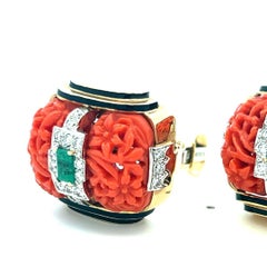 David Webb 18K YG Clip On Earrings with 0.72 Ct Round Diamonds 0.5 Ct Emerald