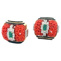 David Webb 18K YG Clip On Earrings with 0.72 Ct Round Diamonds 0.5 Ct Emerald
