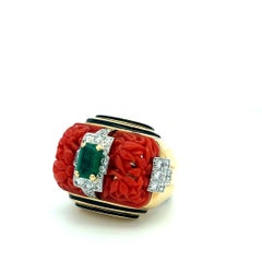David Webb 18K YG Cocktail Ring 0.9ct Round Diamonds 0.75ct Emerald Size 4.75