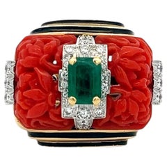 David Webb 18K YG Cocktail Ring 0.9ct Round Diamonds 0.75ct Emerald Size 4.75