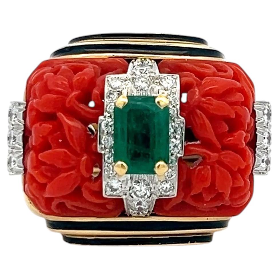 Pre-owned David Webb 18k Yg Cocktail Ring 0.9ct Round F-vs Diamond 0.75ct Emerald Size 4.7 In Green