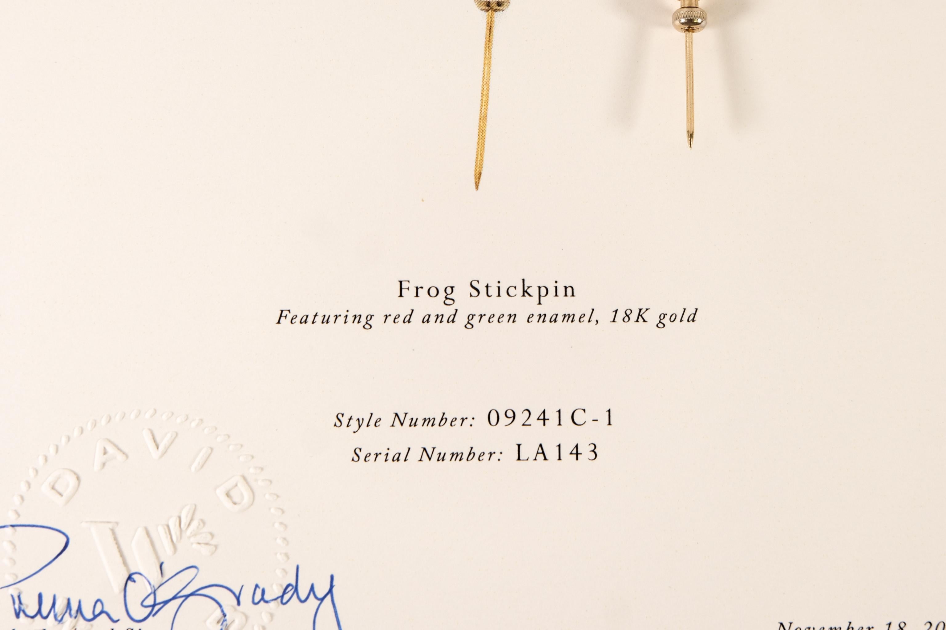 David Webb 18k YG Enamel Frog Stickpin with COA For Sale 5