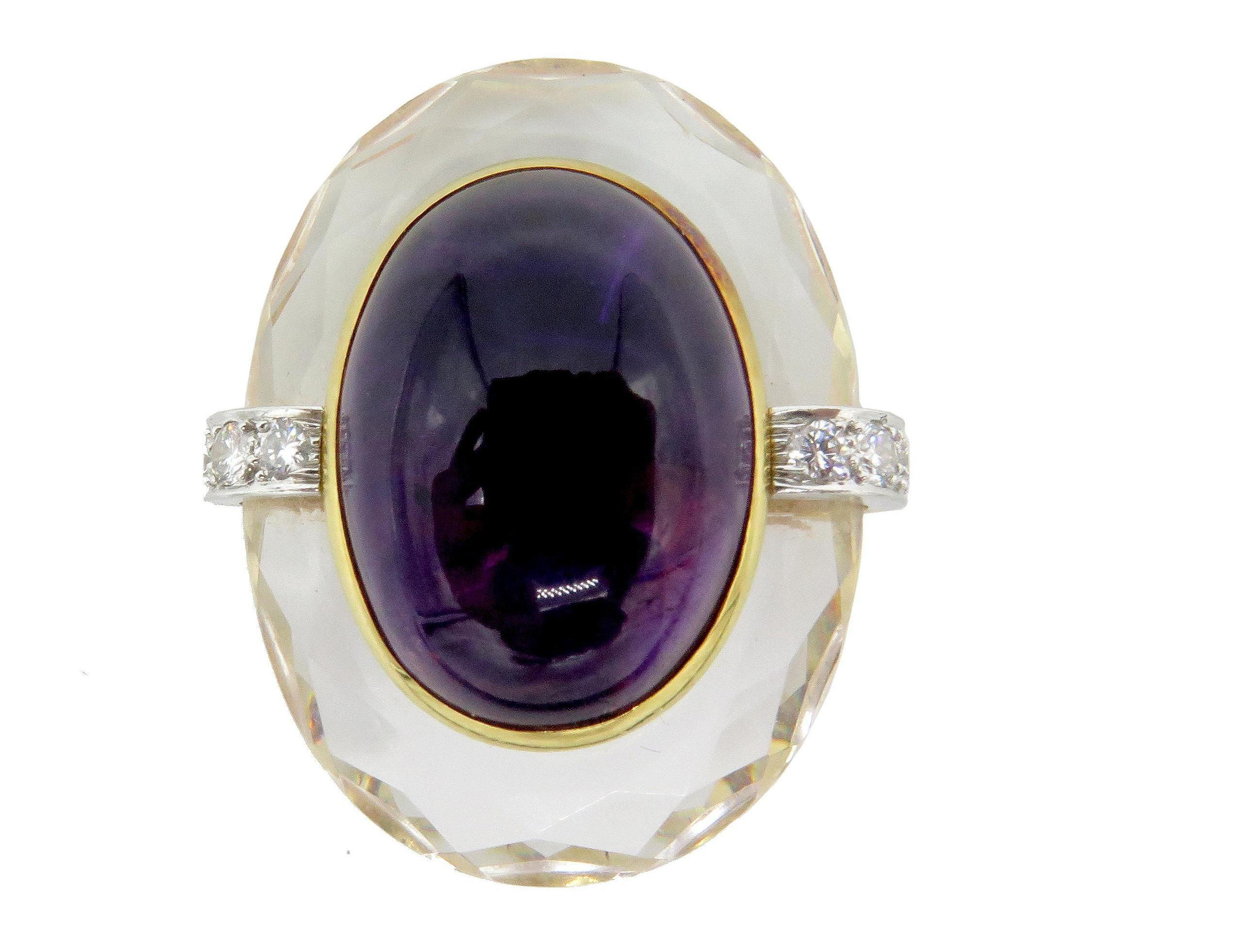 Beautiful, two-tone 18kt gold Amethyst & Diamond clip-on earrings by David Webb. These, beautiful Rock Crystal earrings weigh 41 grams and are 1.3