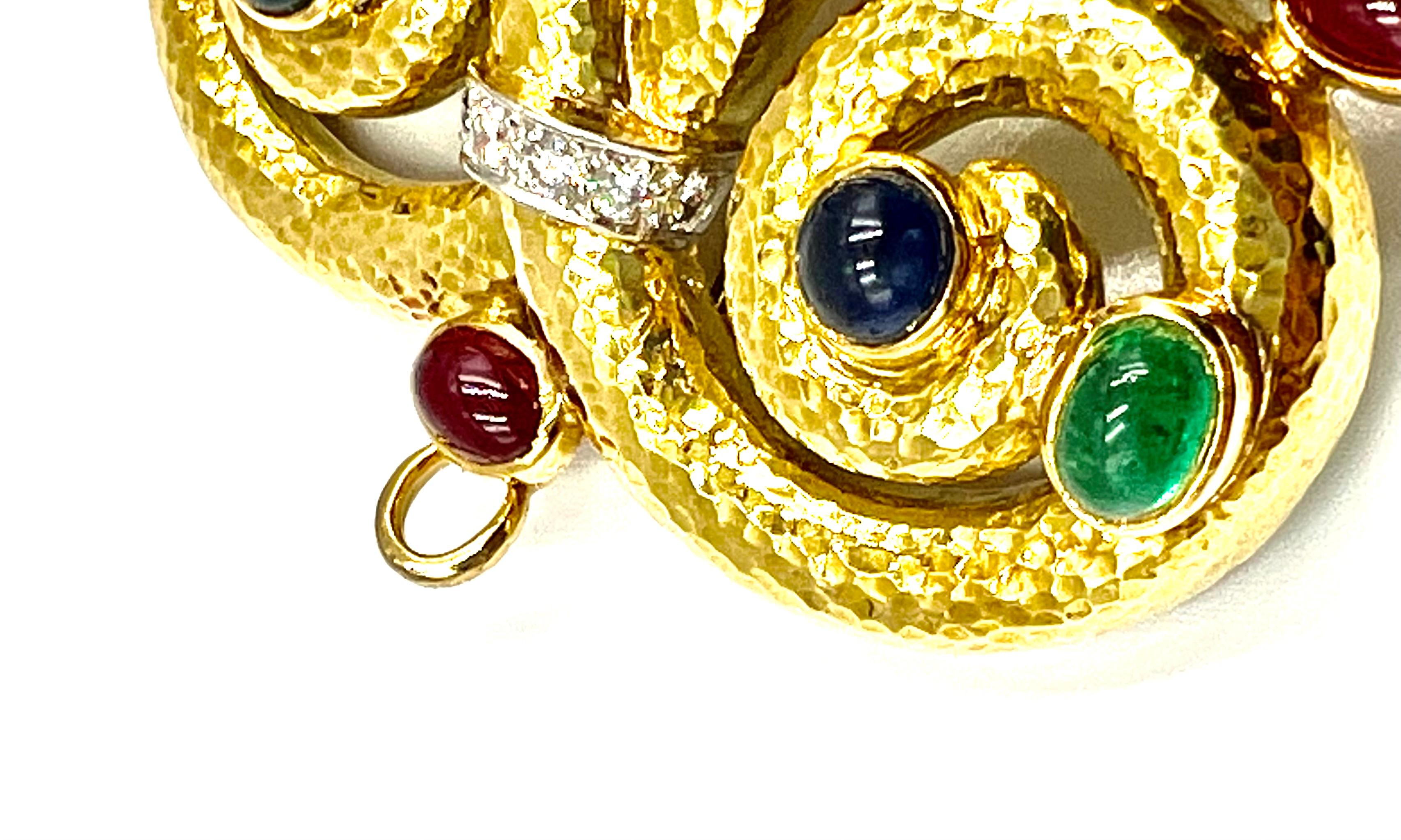 Women's or Men's David Webb 18kt Gold Ruby Sapphire Emerald Diamond Brooch
