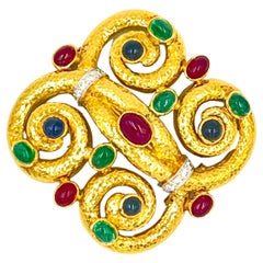 David Webb 18kt Gold Ruby Sapphire Emerald Diamond Brooch