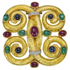 David Webb 18kt Gold Ruby Sapphire Emerald Diamond Brooch
