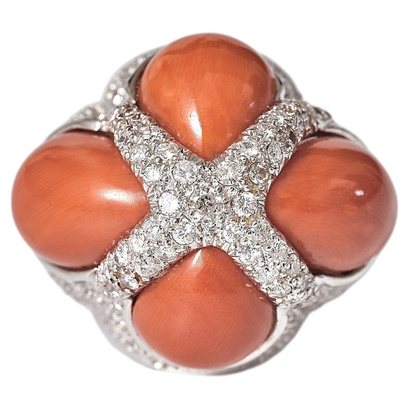Pre-owned David Webb 18kt White Gold Coral And Diamond Dome Cocktail Ring, Circa 1970