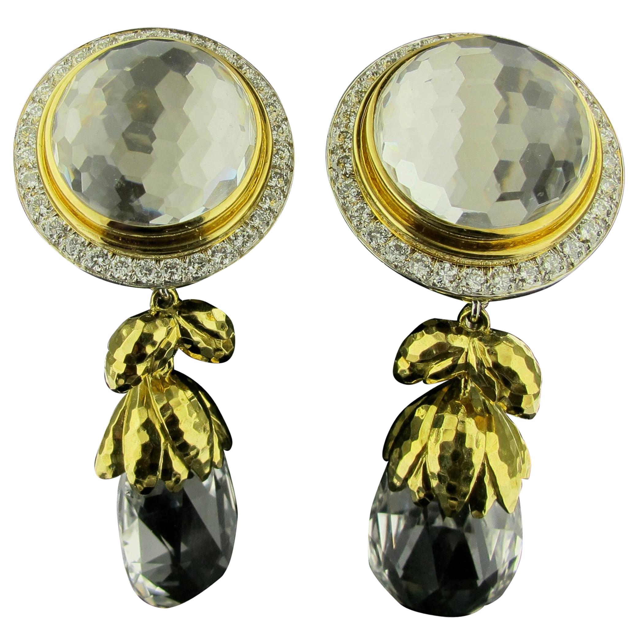 David Webb 18 Karat Yellow Gold, Rock Crystal and Diamond Earrings