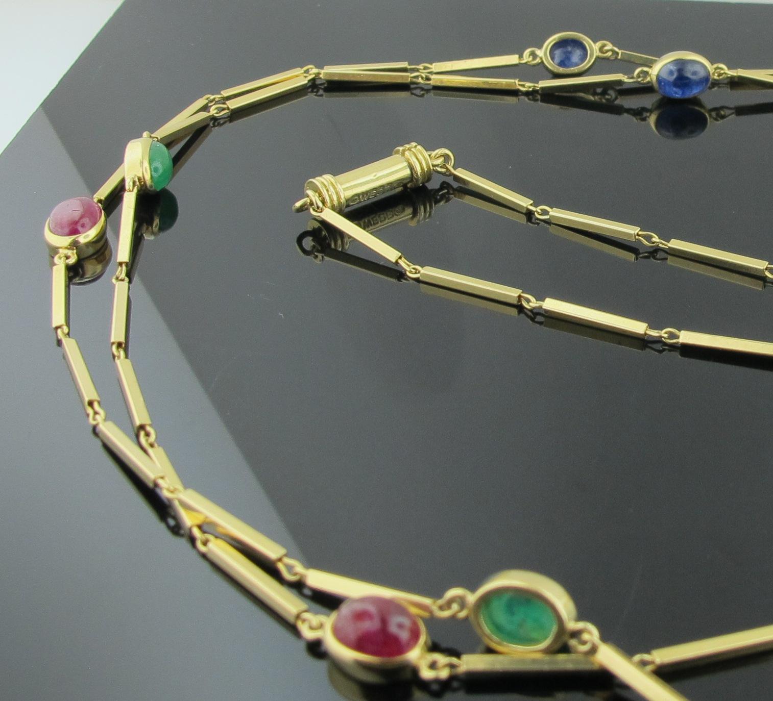 Oval Cut David Webb 18 Karat Yellow Gold Ruby, Sapphire and Emerald Cabochon Necklace