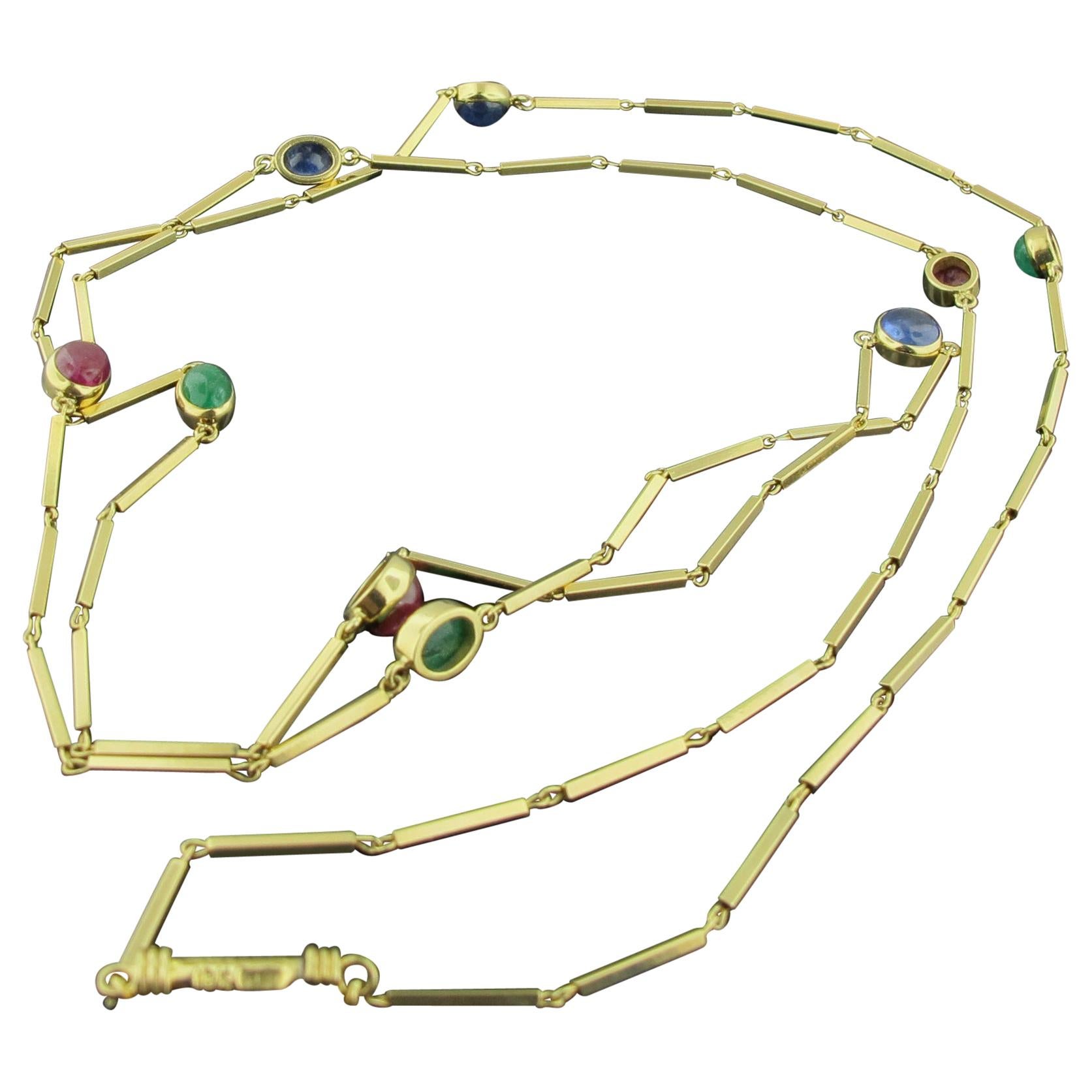 David Webb 18 Karat Yellow Gold Ruby, Sapphire and Emerald Cabochon Necklace