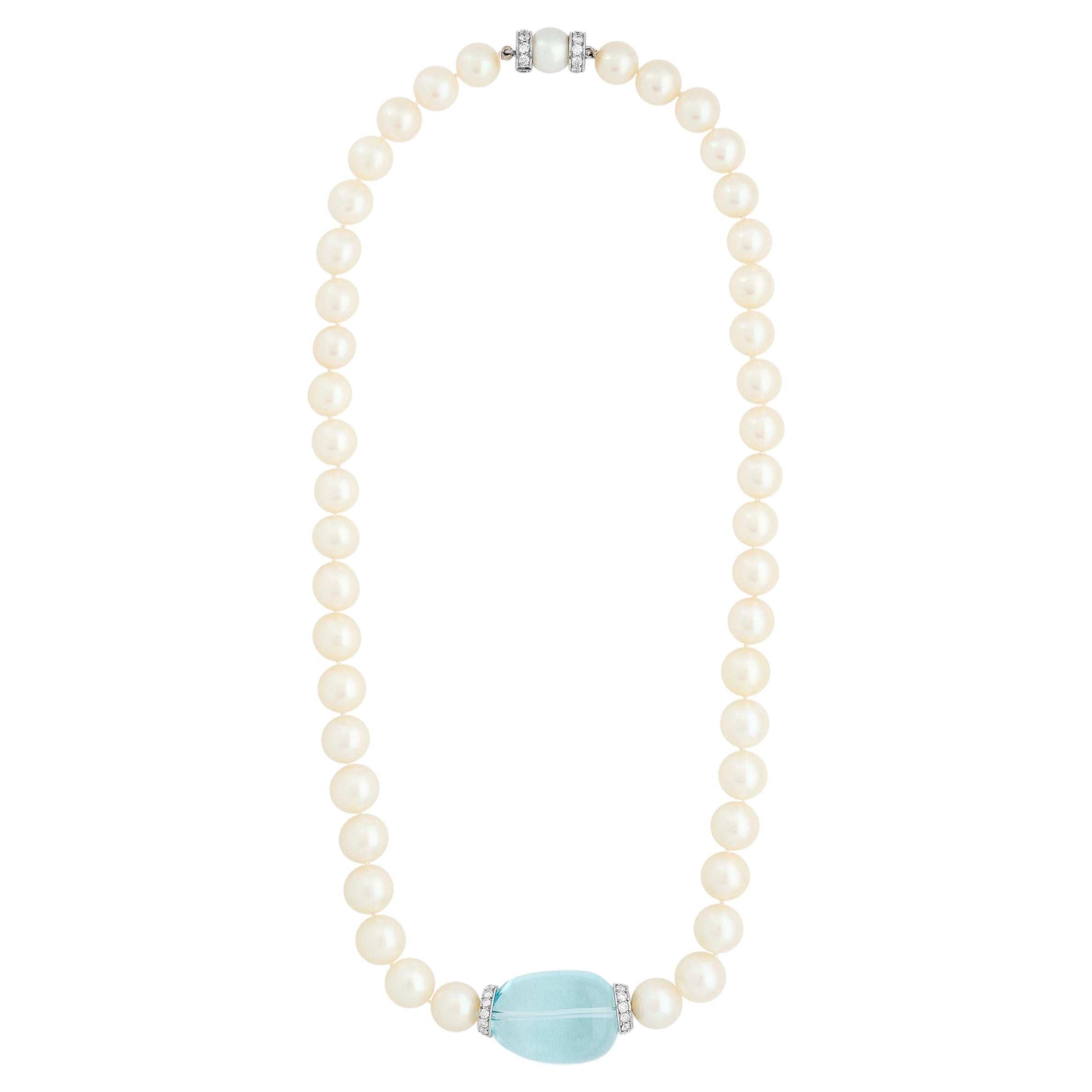 Pre-owned David Webb 18kwg/plat Aquamarine Bead, Pearl And Diamond Rondelle Necklace In Multi