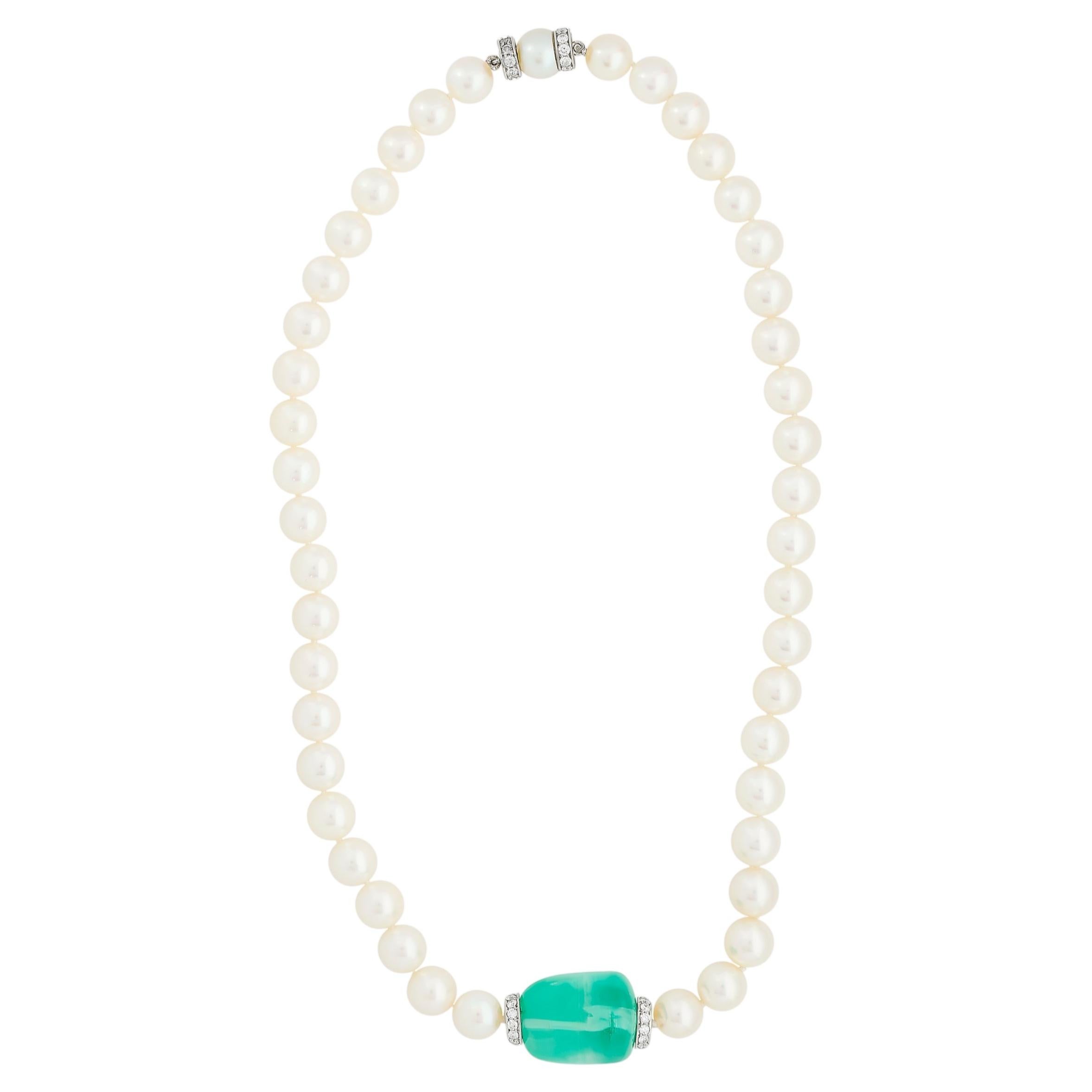 Pre-owned David Webb 18kwg/plat Emerald Bead, Pearl And Diamond Rondelle Necklace In Green