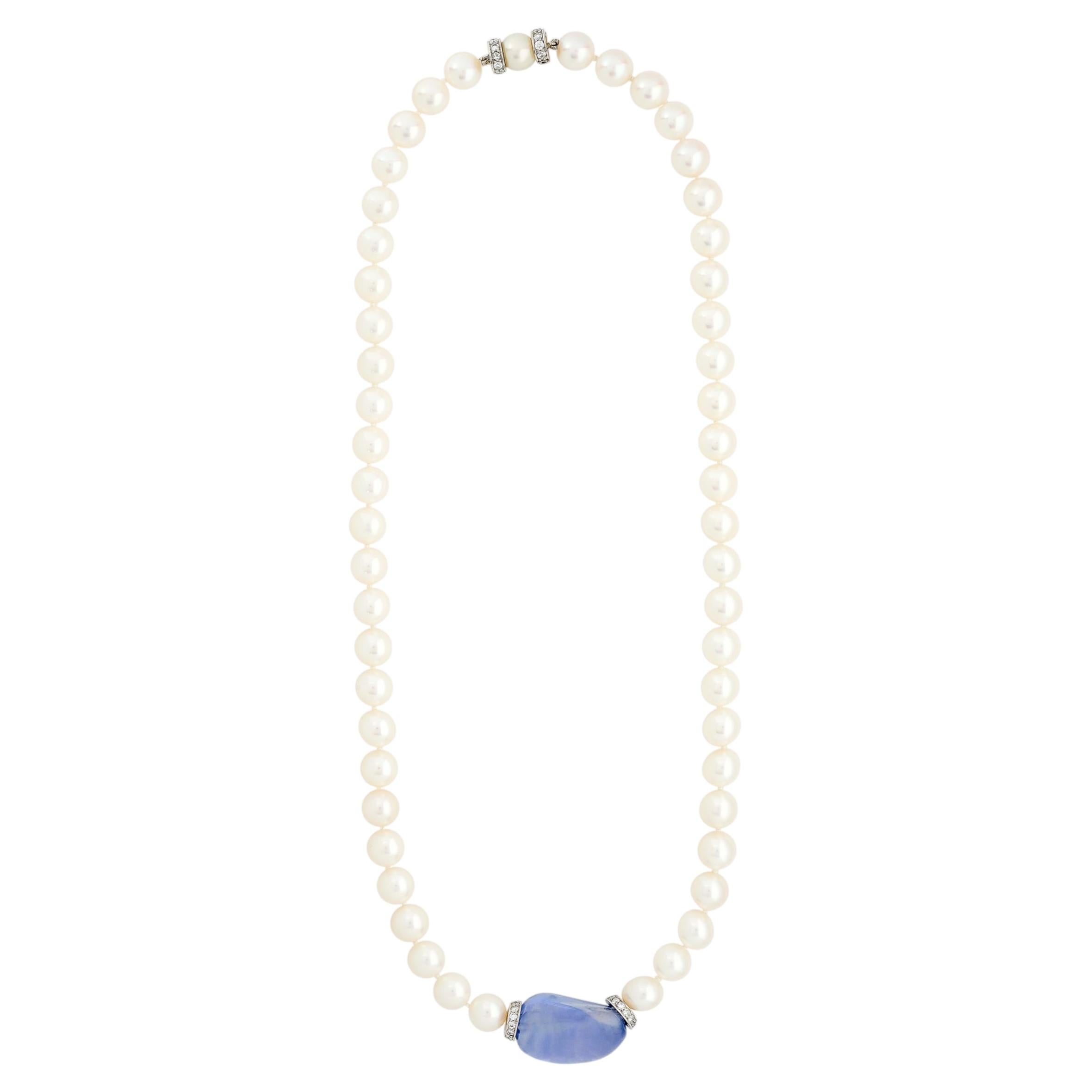 Pre-owned David Webb 18kwg/plat Sapphire Bead, Pearl And Diamond Rondelle Necklace In Blue