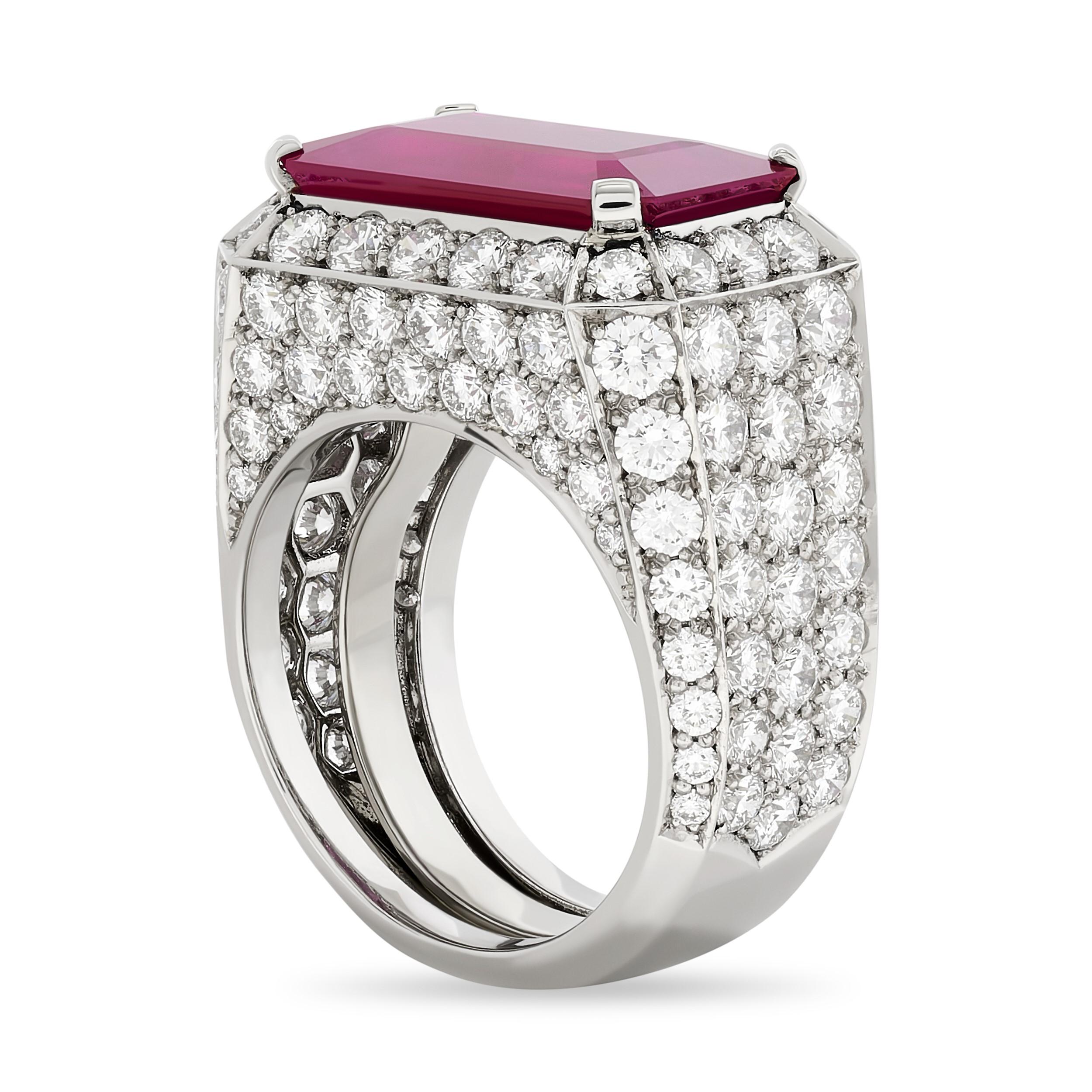 David Webb 18KWG/Platinum Emerald Cut Ruby Diamond Pave Ring In Excellent Condition For Sale In Philadelphia, PA