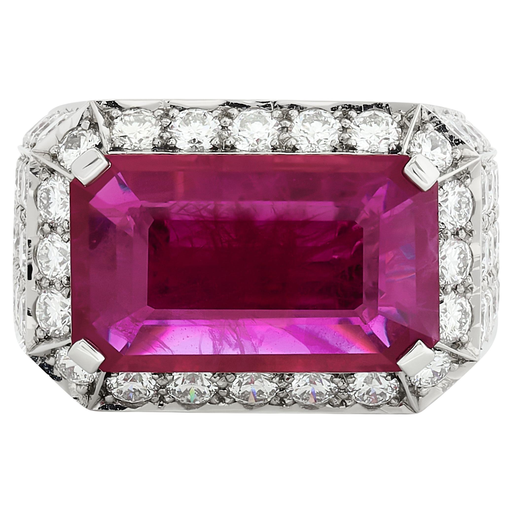 David Webb 18KWG/Platinum Emerald Cut Ruby Diamond Pave Ring