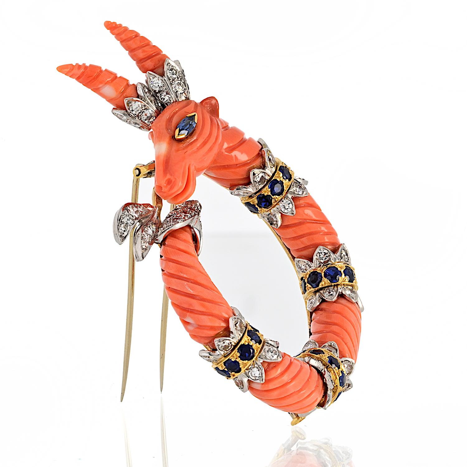 Modern David Webb 18KY Gold And Platinum Carved Coral Capricorn Mountain Goat Brooch For Sale