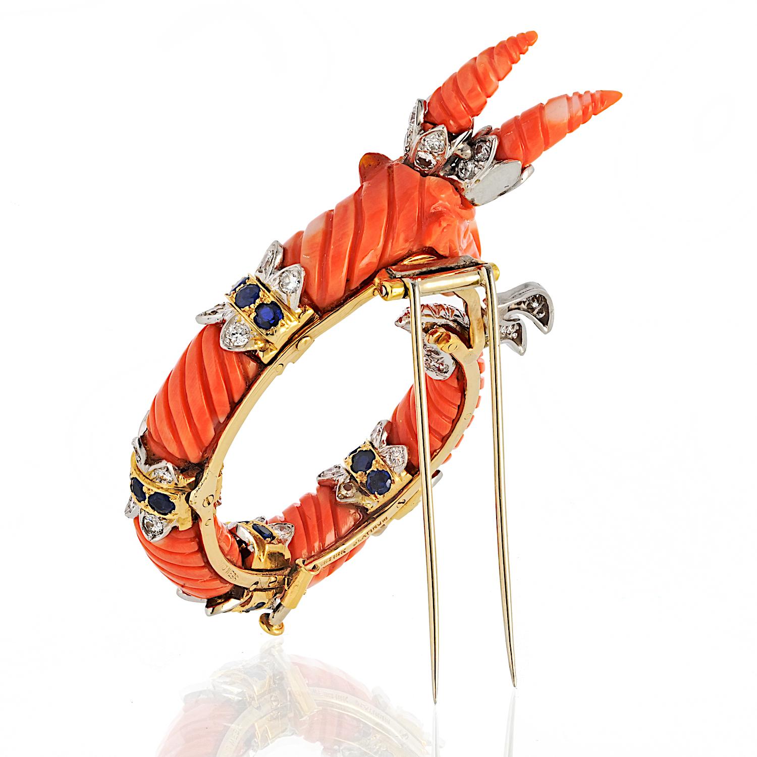 Round Cut David Webb 18KY Gold And Platinum Carved Coral Capricorn Mountain Goat Brooch For Sale