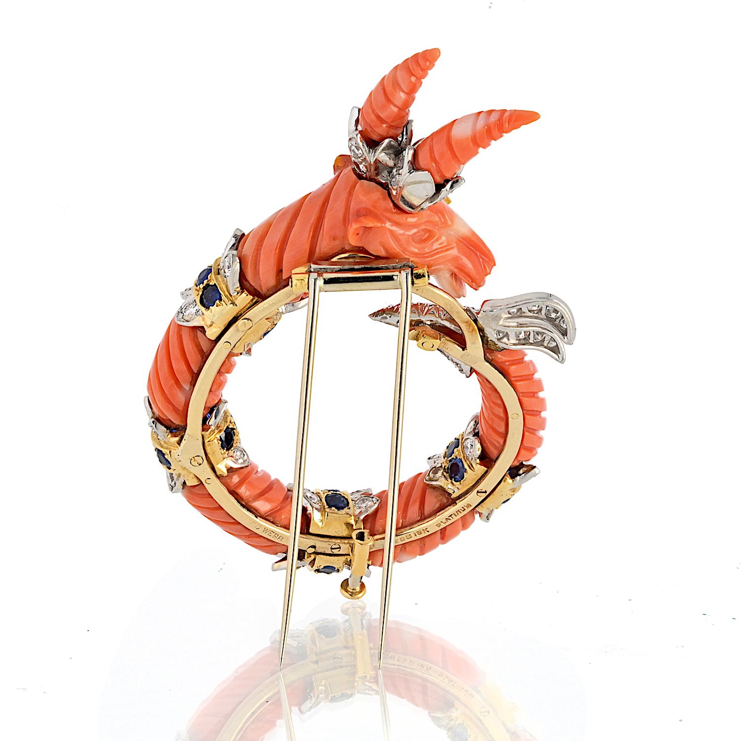 David Webb 18KY Gold And Platinum Carved Coral Capricorn Mountain Goat Brooch In Excellent Condition For Sale In New York, NY