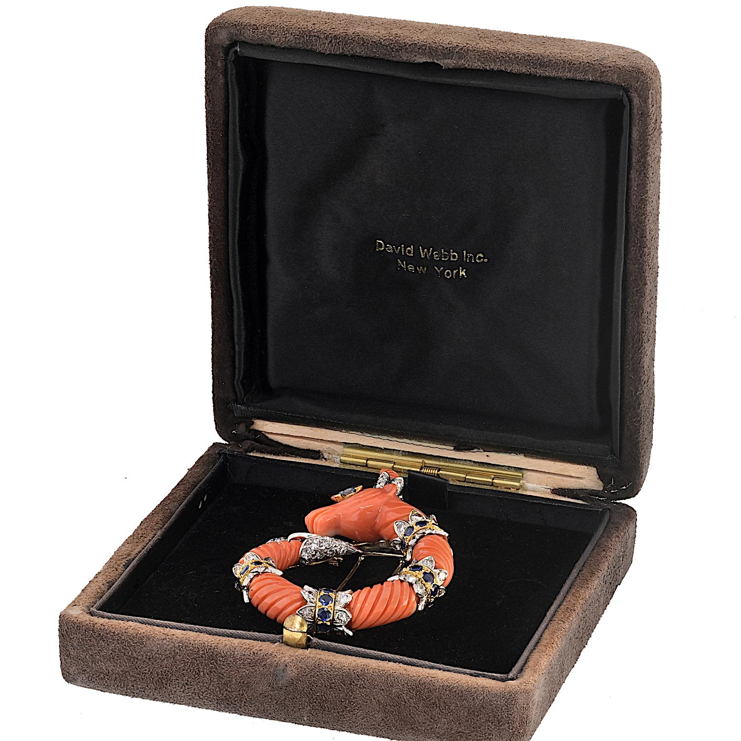 Women's or Men's David Webb 18KY Gold And Platinum Carved Coral Capricorn Mountain Goat Brooch For Sale