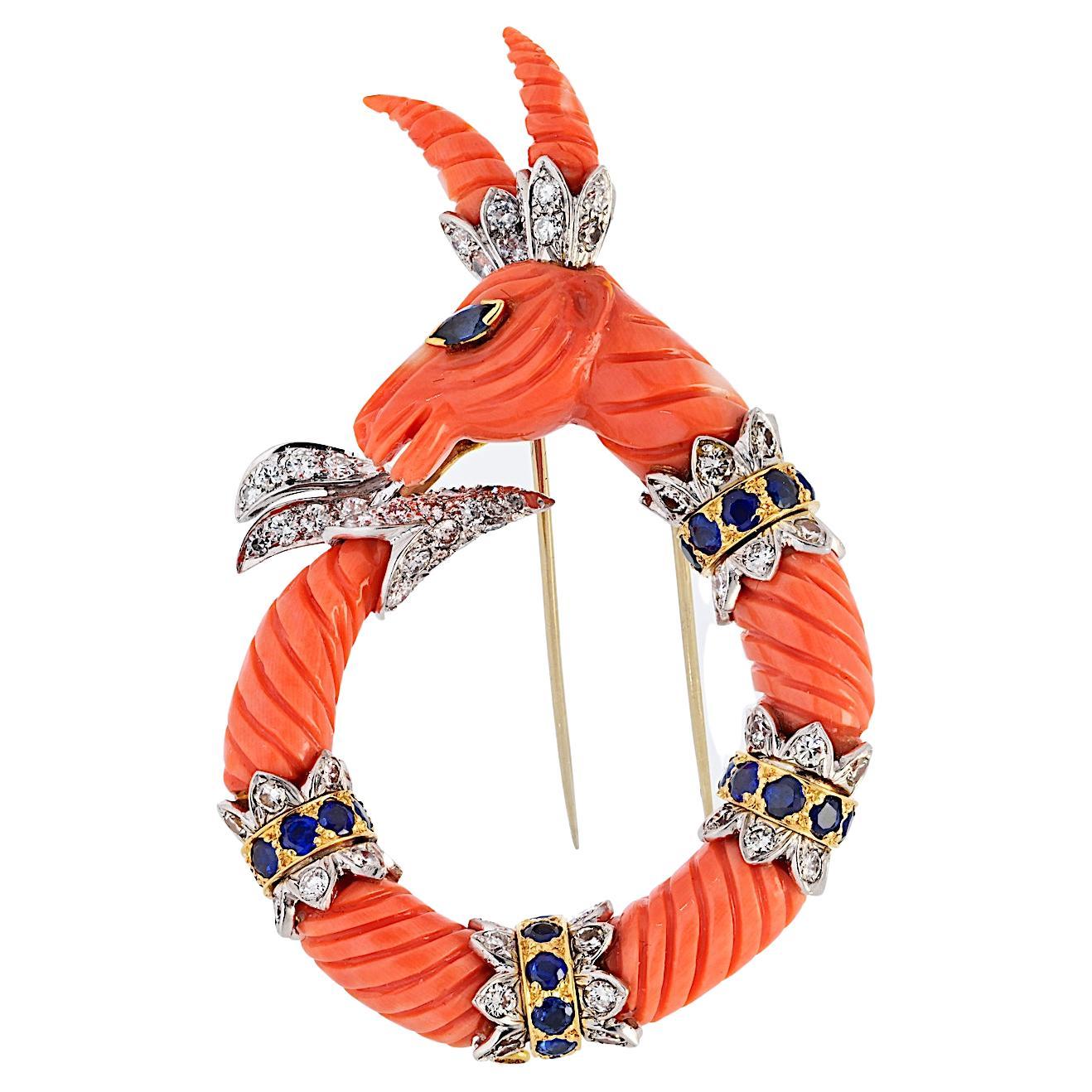 David Webb 18KY Gold And Platinum Carved Coral Capricorn Mountain Goat Brooch