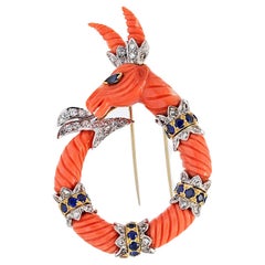David Webb 18KY Gold And Platinum Carved Coral Capricorn Mountain Goat Brooch