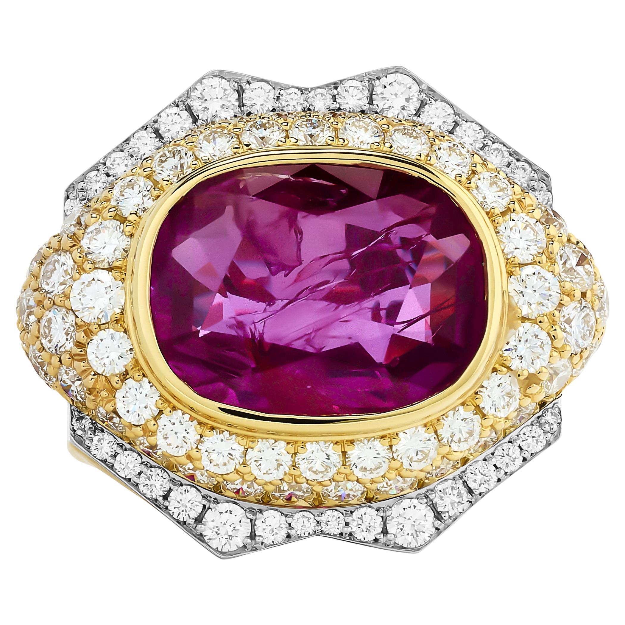 David Webb 18KYG/Platinum Cushion Ruby Bezel Set Diamond Ring