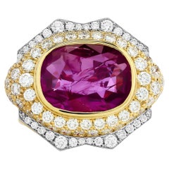 David Webb 18KYG/Platinum Cushion Ruby Bezel Set Diamond Ring