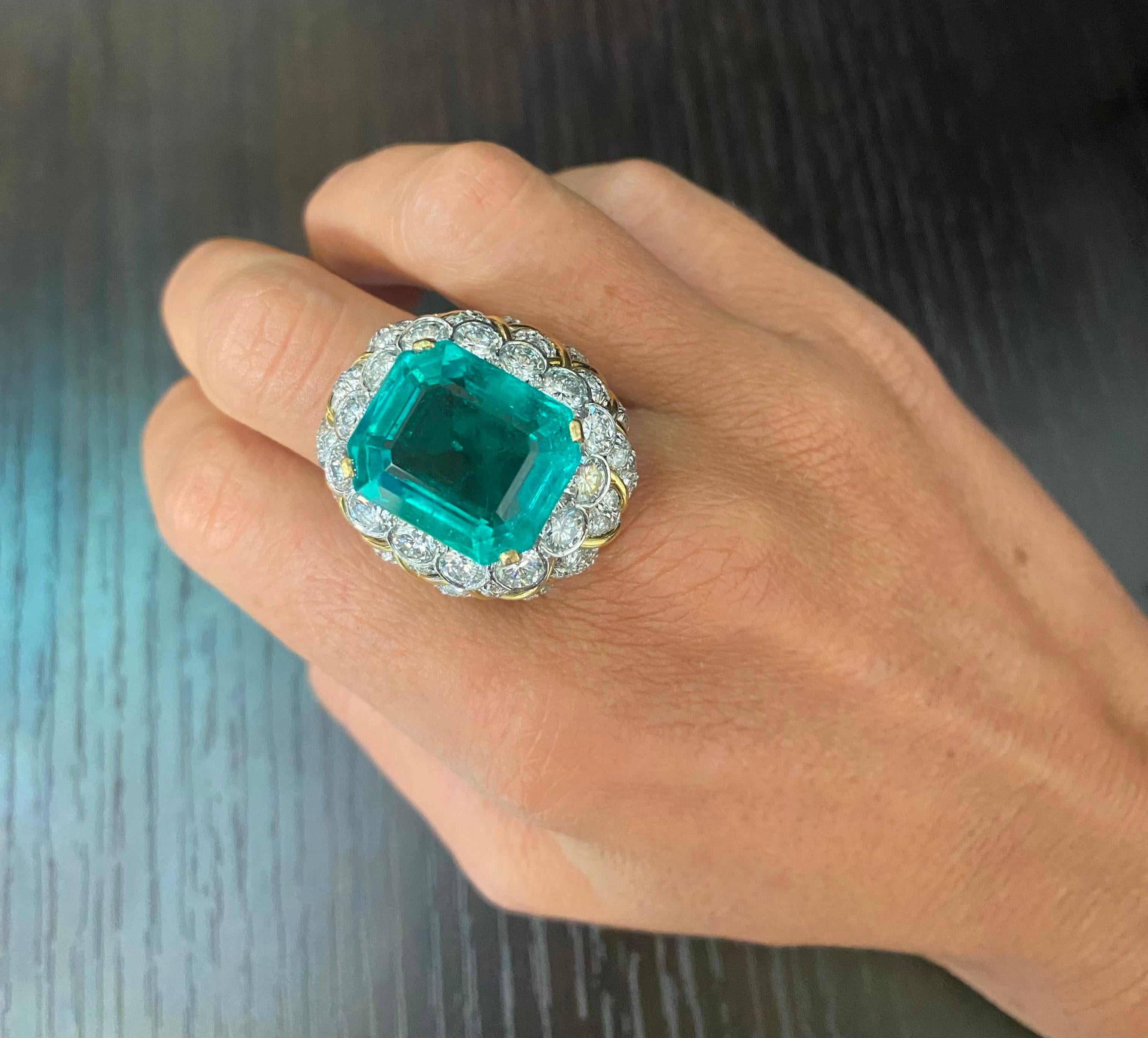 Octagon Cut David Webb 19 Carat Colombian Emerald & Diamond Ring For Sale