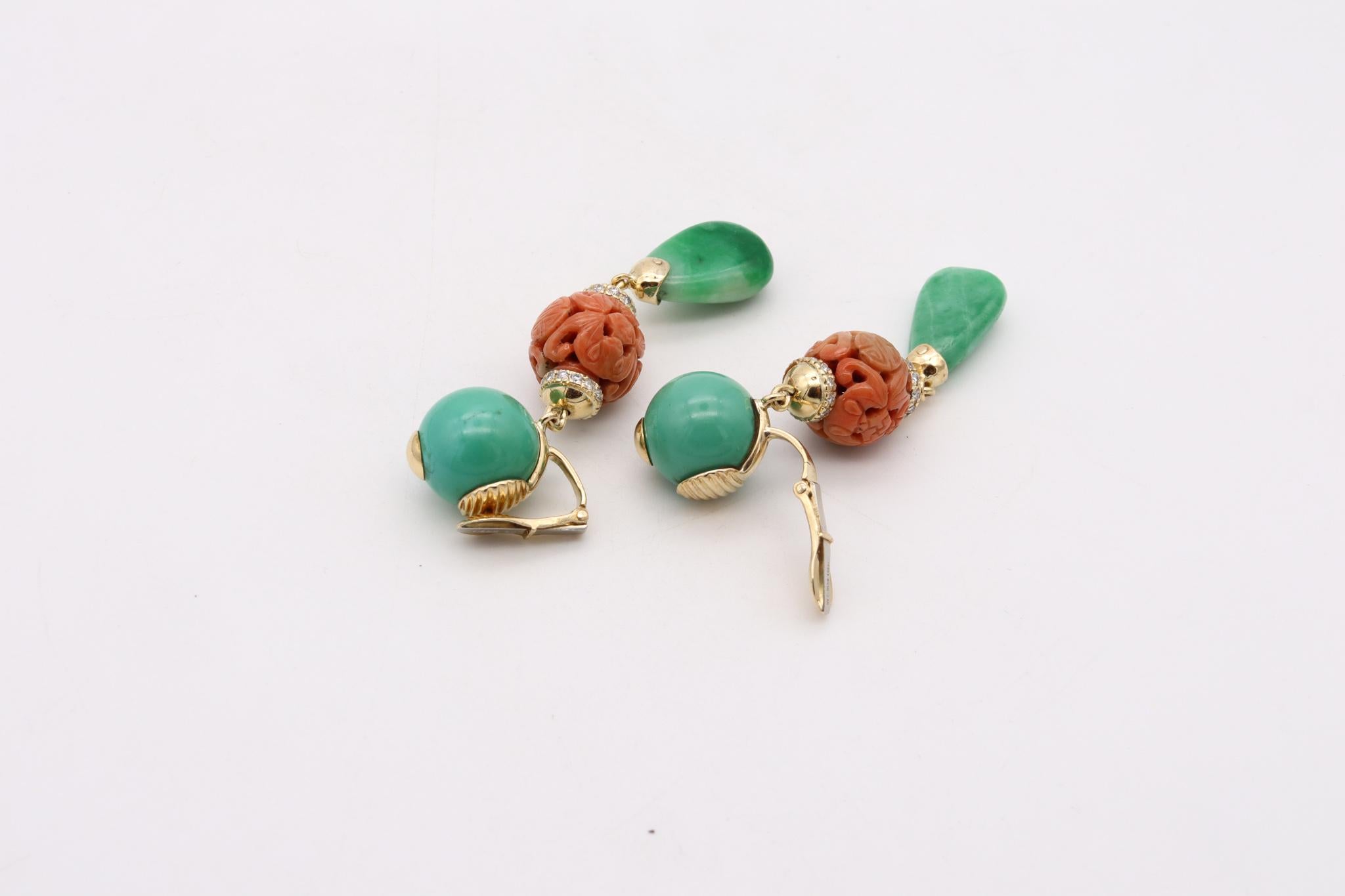 David Webb 1950 New York Chinoiserie Drop Earrings in 18Kt Gold with Gemstones In Excellent Condition In Miami, FL