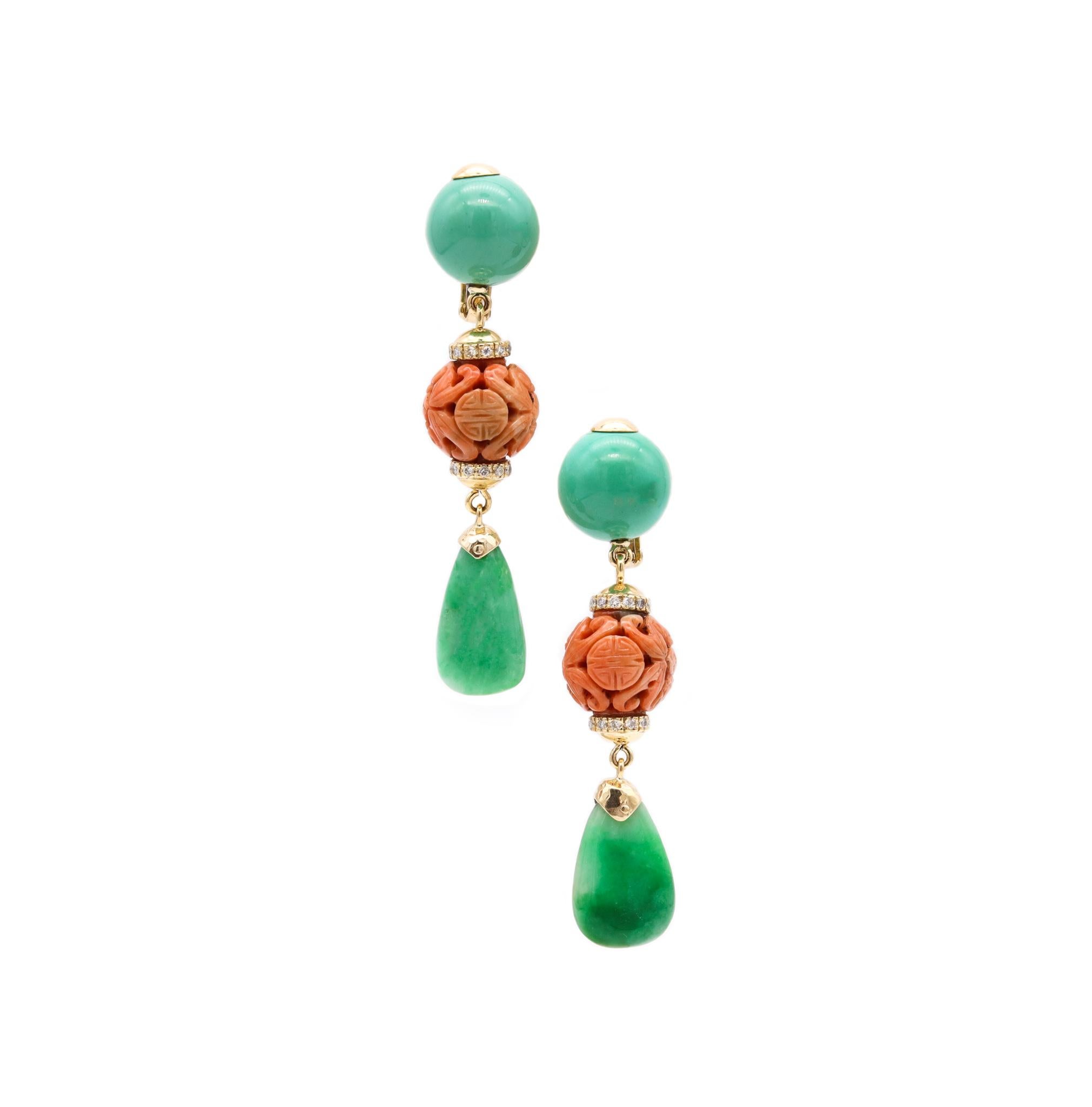 David Webb 1950 New York Chinoiserie Drop Earrings in 18Kt Gold with Gemstones 1