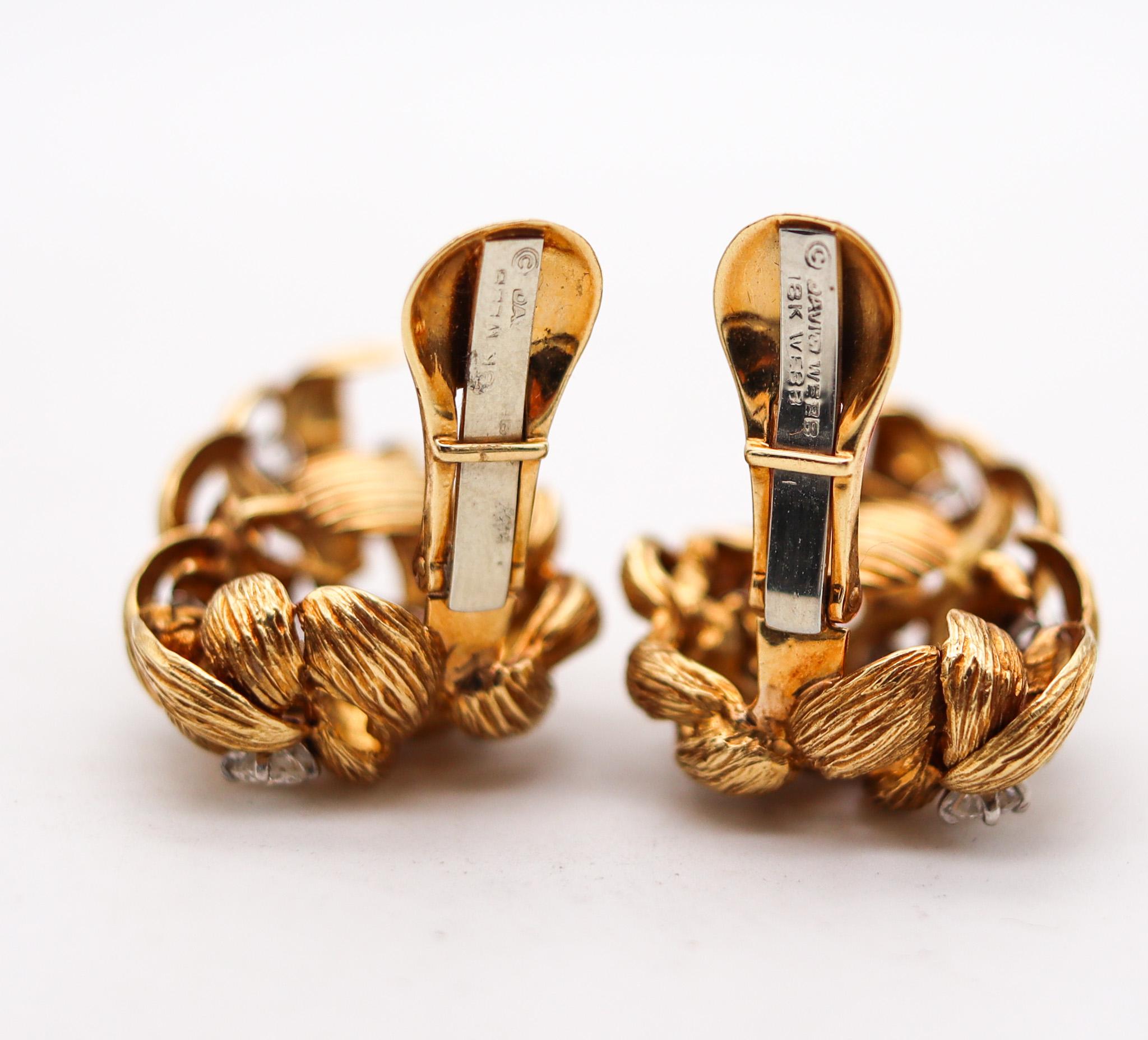 Modernist David Webb 1960 Classic Floral Earrings In 18Kt Gold With 2.24 Ctw In Diamonds For Sale