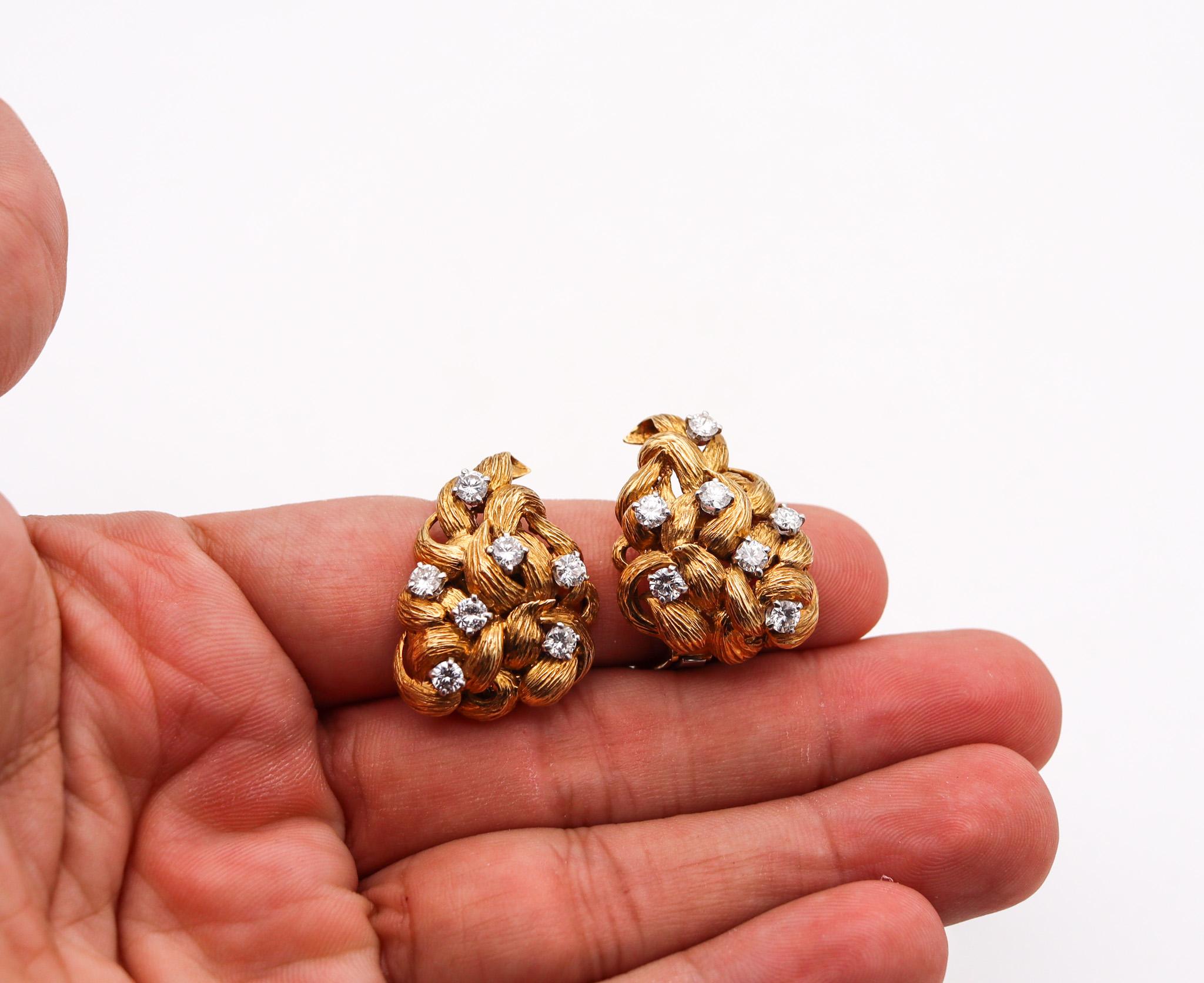 Brilliant Cut David Webb 1960 Classic Floral Earrings In 18Kt Gold With 2.24 Ctw In Diamonds For Sale