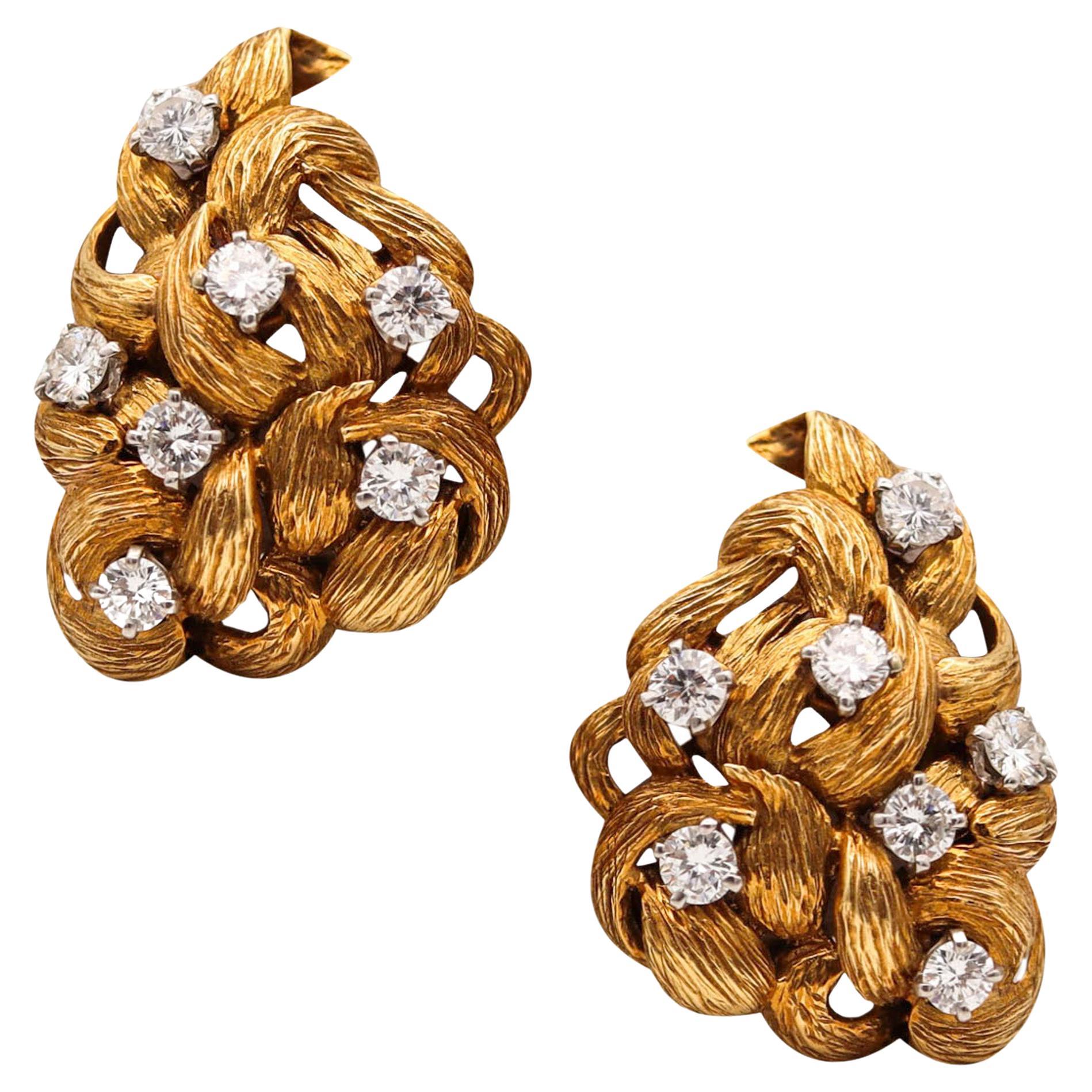 David Webb 1960 Classic Floral Earrings In 18Kt Gold With 2.24 Ctw In Diamonds For Sale
