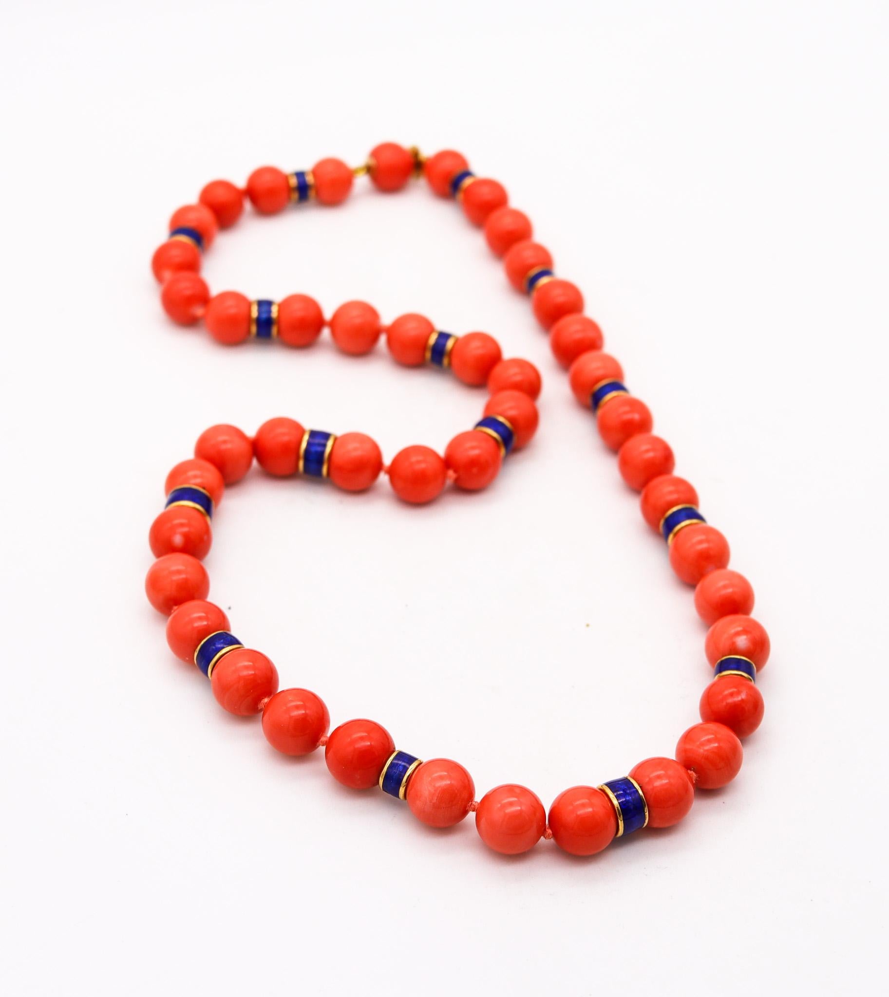 Coral necklace designed by David Webb.

Magnificent necklace of Mediterranean coral, created in New York City at the jewelry atelier of David Webb, back in the 1960. This fabulous necklace is composed by forty five perfectly matched beads of red