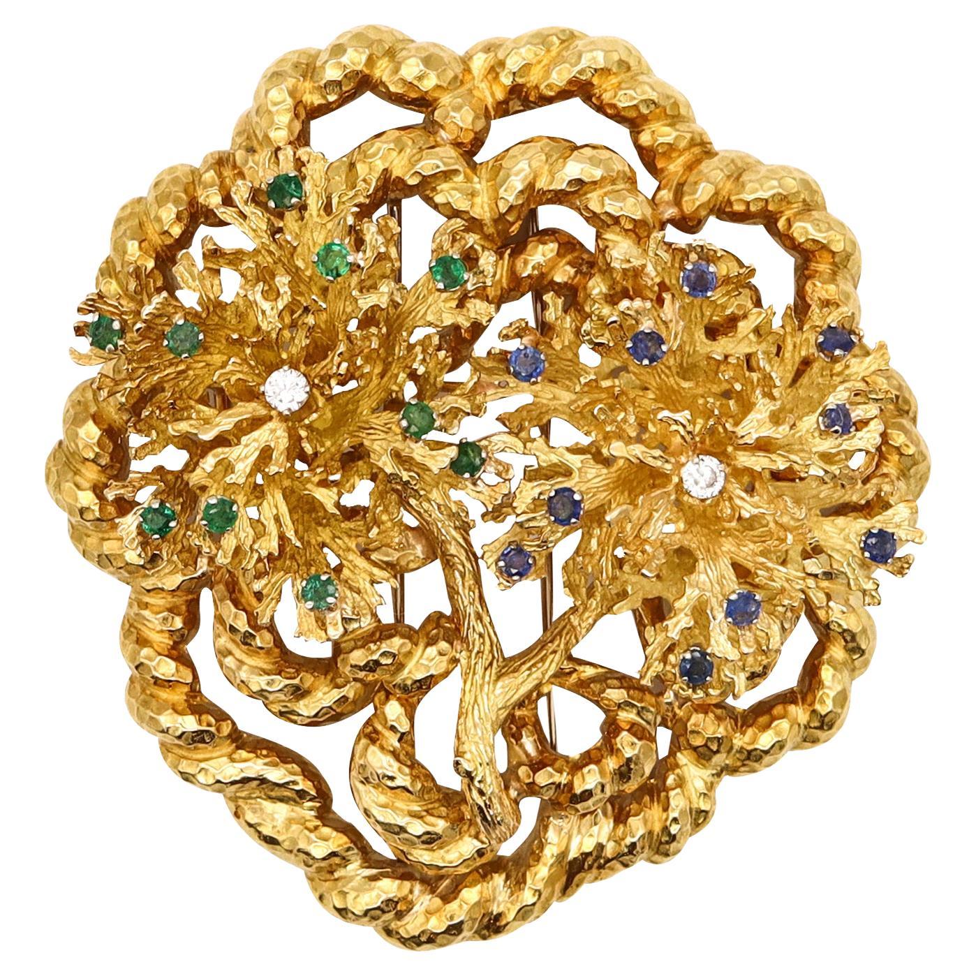 David Webb 1960 New York Pendant-Brooch in 18kt Gold with 2.42 Cts in Gemstones