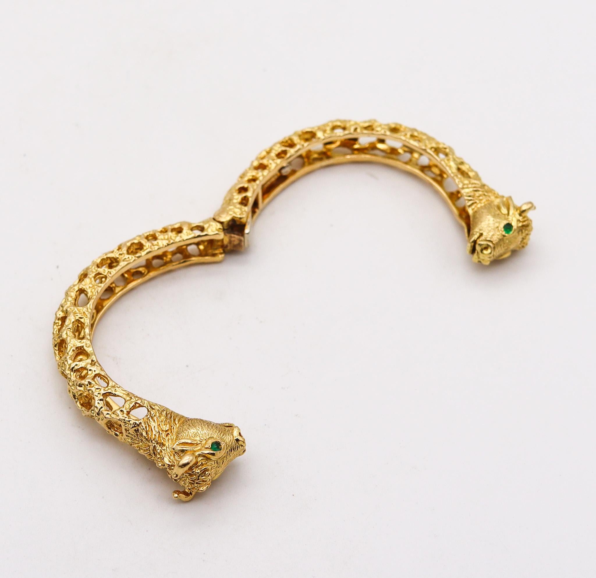 Cabochon David Webb 1960 Taurus Zodiacal Cuff Bracelet In 18k Yellow Gold With Emeralds For Sale