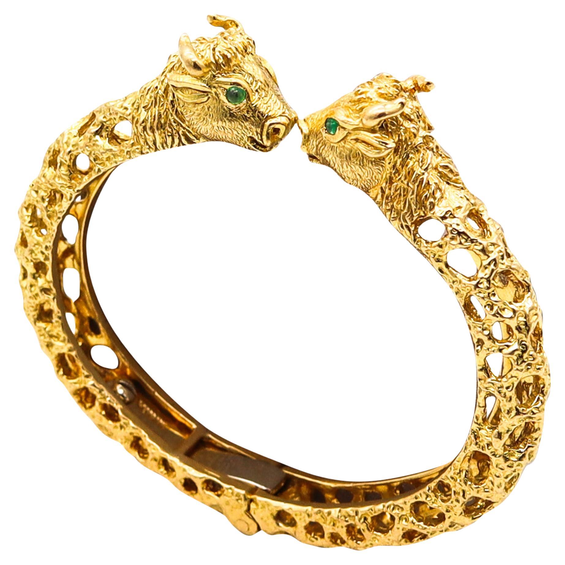 David Webb 1960 Taurus Zodiacal Cuff Bracelet In 18k Yellow Gold With Emeralds For Sale