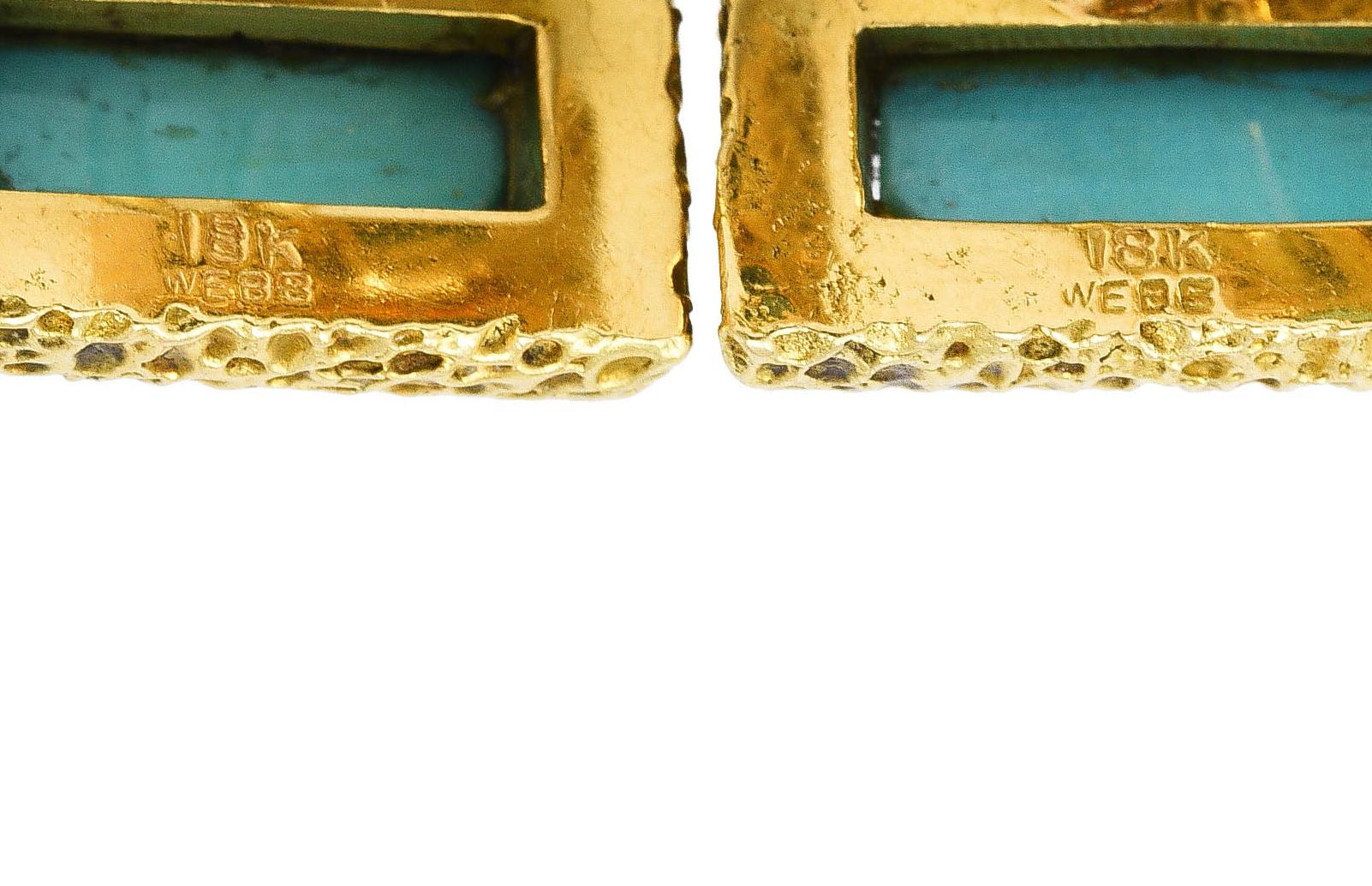Square Cut David Webb 1960's Brutalist Turquoise 18 Karat Yellow Gold Lion Square Cufflinks