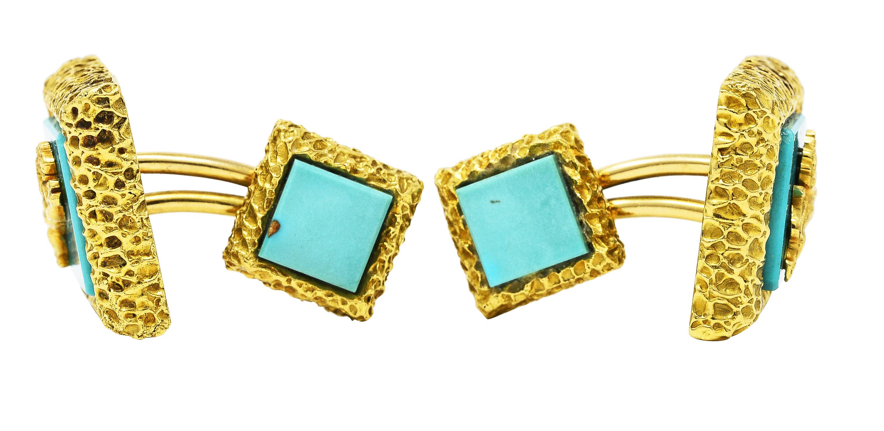 David Webb 1960's Brutalist Turquoise 18 Karat Yellow Gold Lion Square Cufflinks In Excellent Condition In Philadelphia, PA