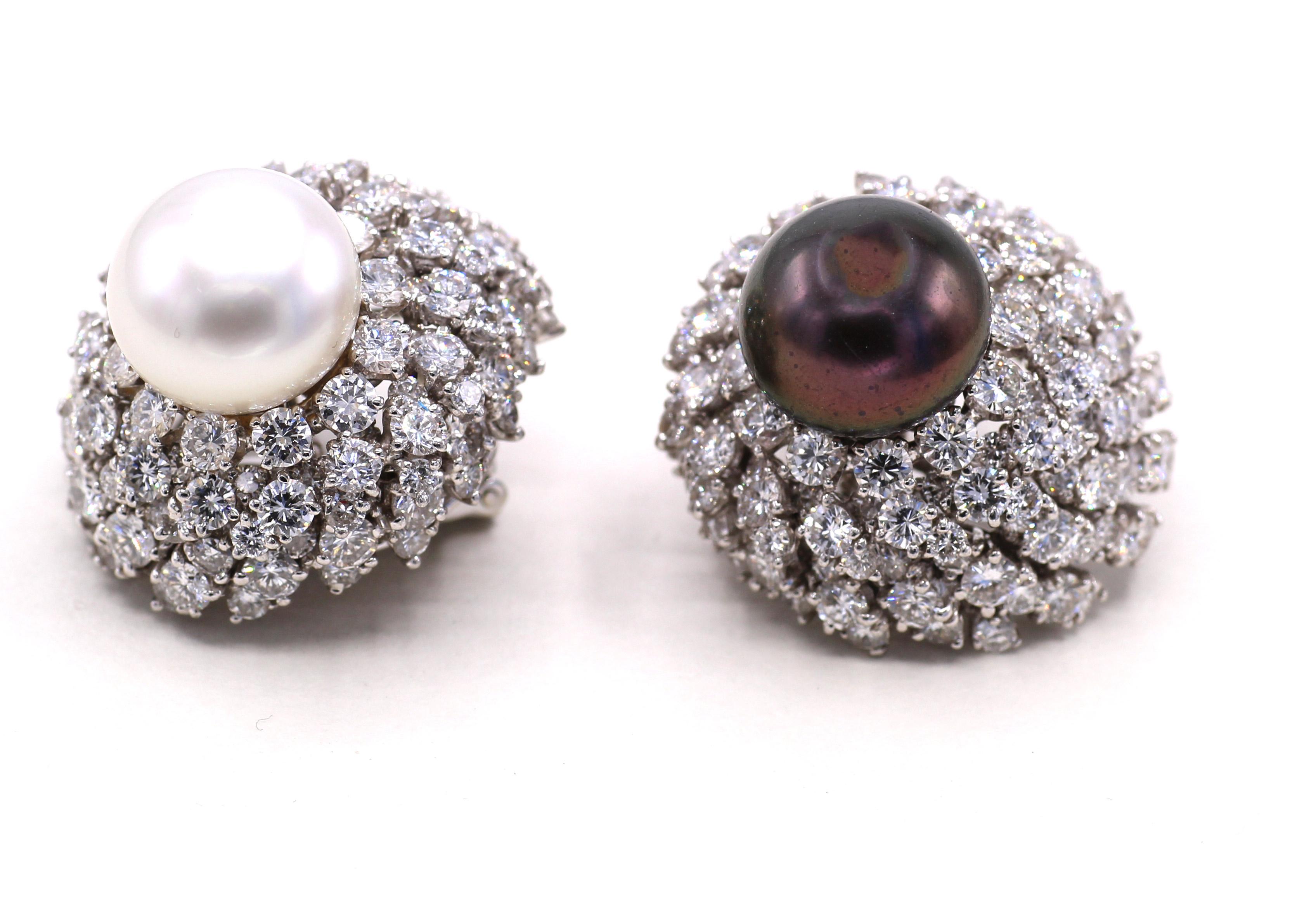 Round Cut David Webb 1960s Diamond Black and White South Sea Pearl Platinum Earrings