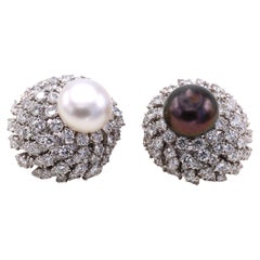 David Webb 1960s Diamond Black and White South Sea Pearl Platinum Earrings