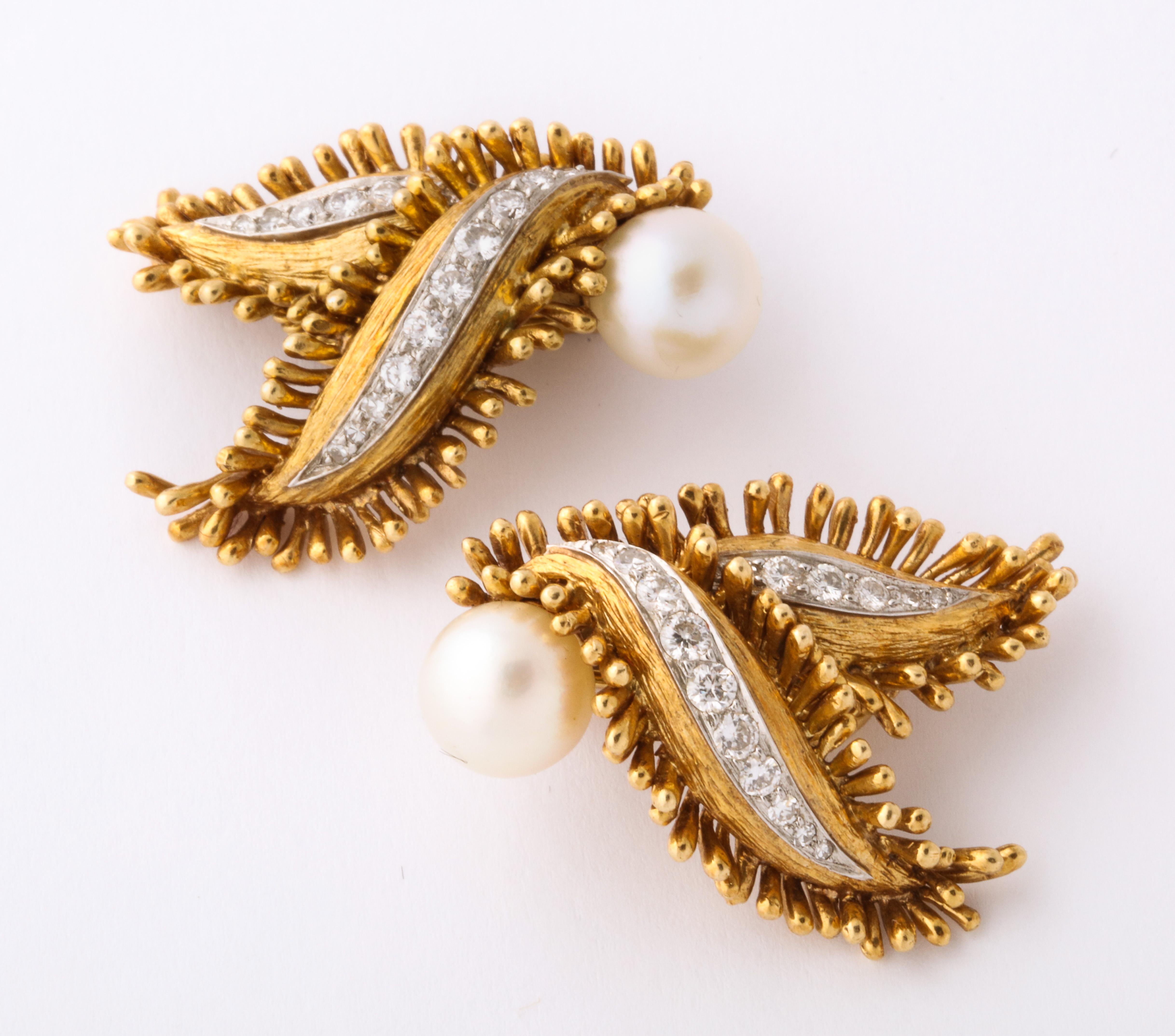 Round Cut David Webb 1960s Diamond Pearl Gold Fringed Ear Clips