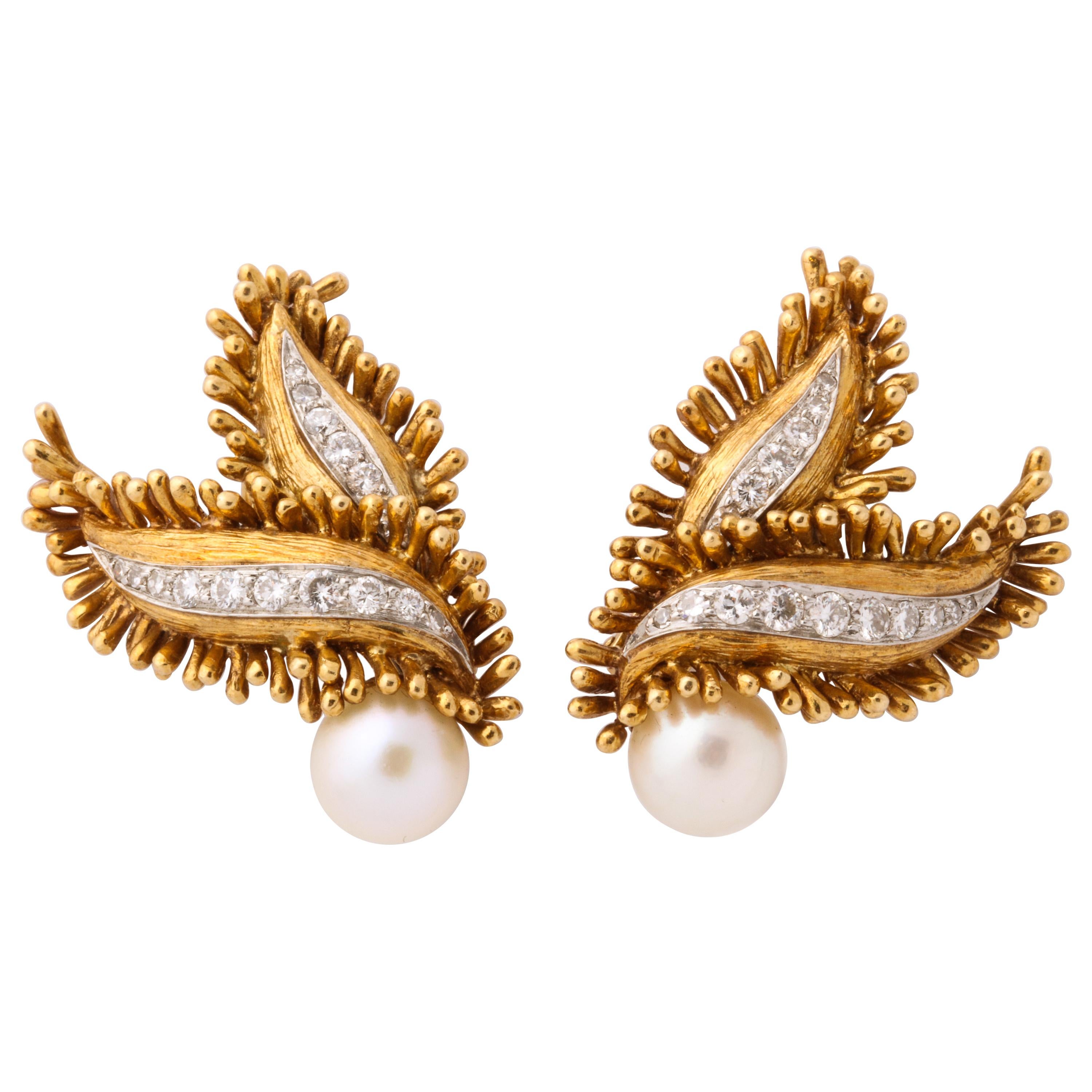 David Webb 1960s Diamond Pearl Gold Fringed Ear Clips