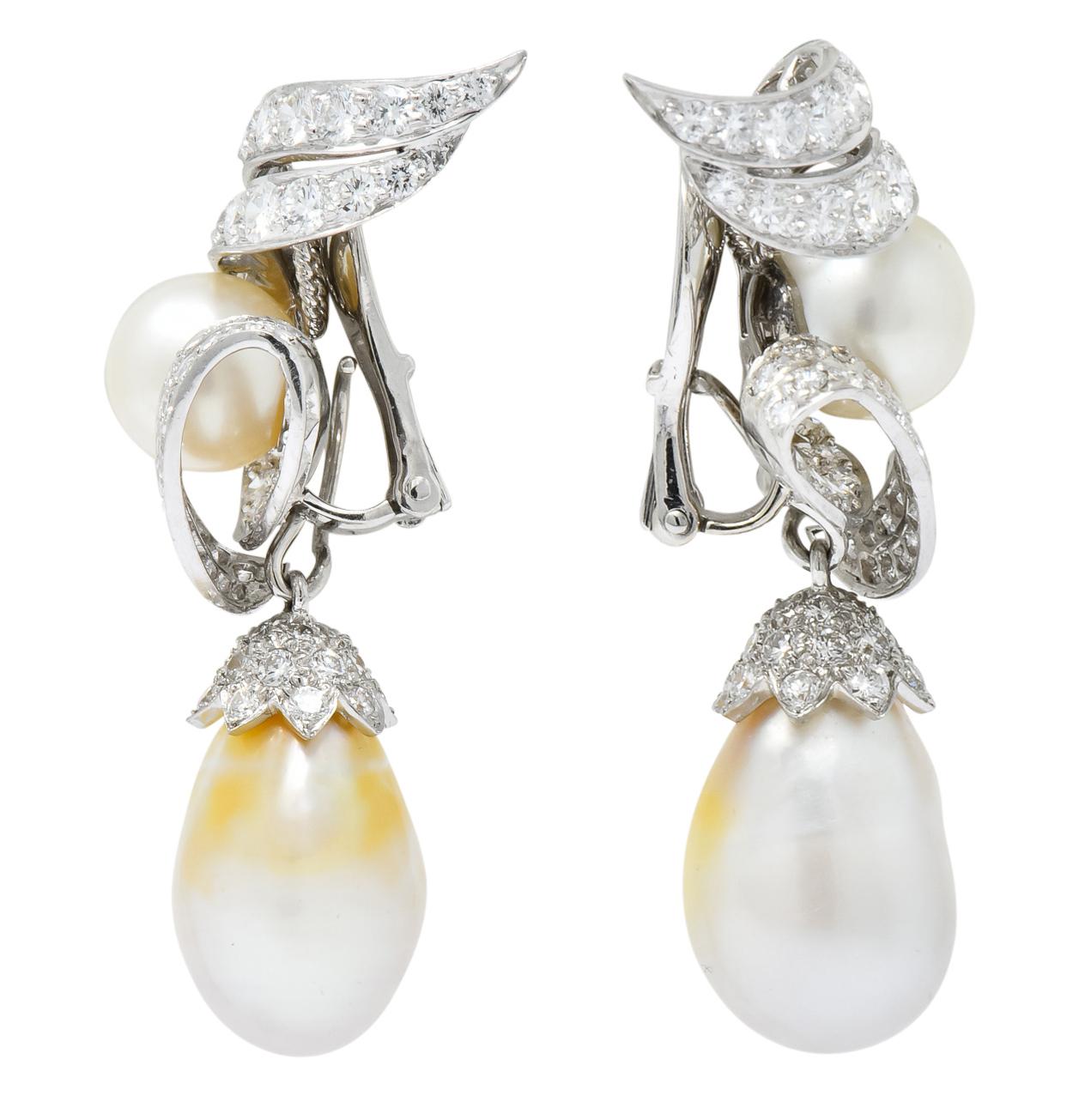 David Webb 1960s Diamond Pearl Platinum and 18 Karat Gold Day Night Earrings In Excellent Condition In Philadelphia, PA