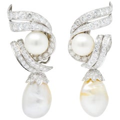 David Webb 1960s Diamond Pearl Platinum and 18 Karat Gold Day Night Earrings