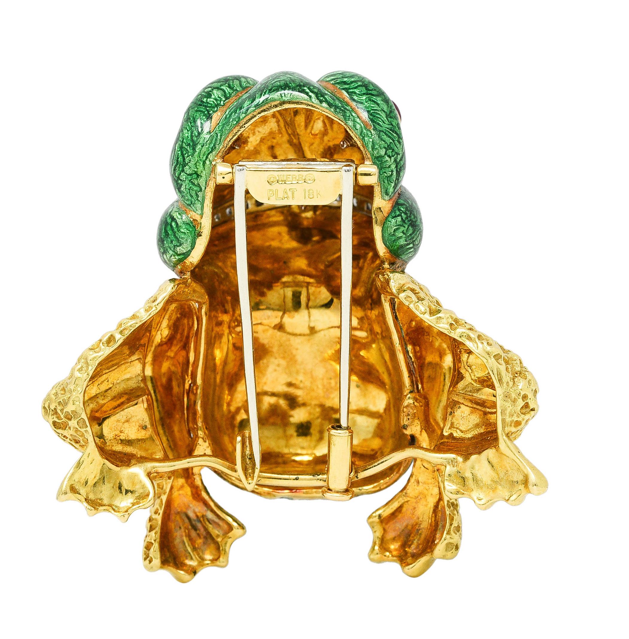 Contemporary David Webb 1960's Diamond Ruby Enamel Platinum 18 Karat Yellow Gold Frog Brooch